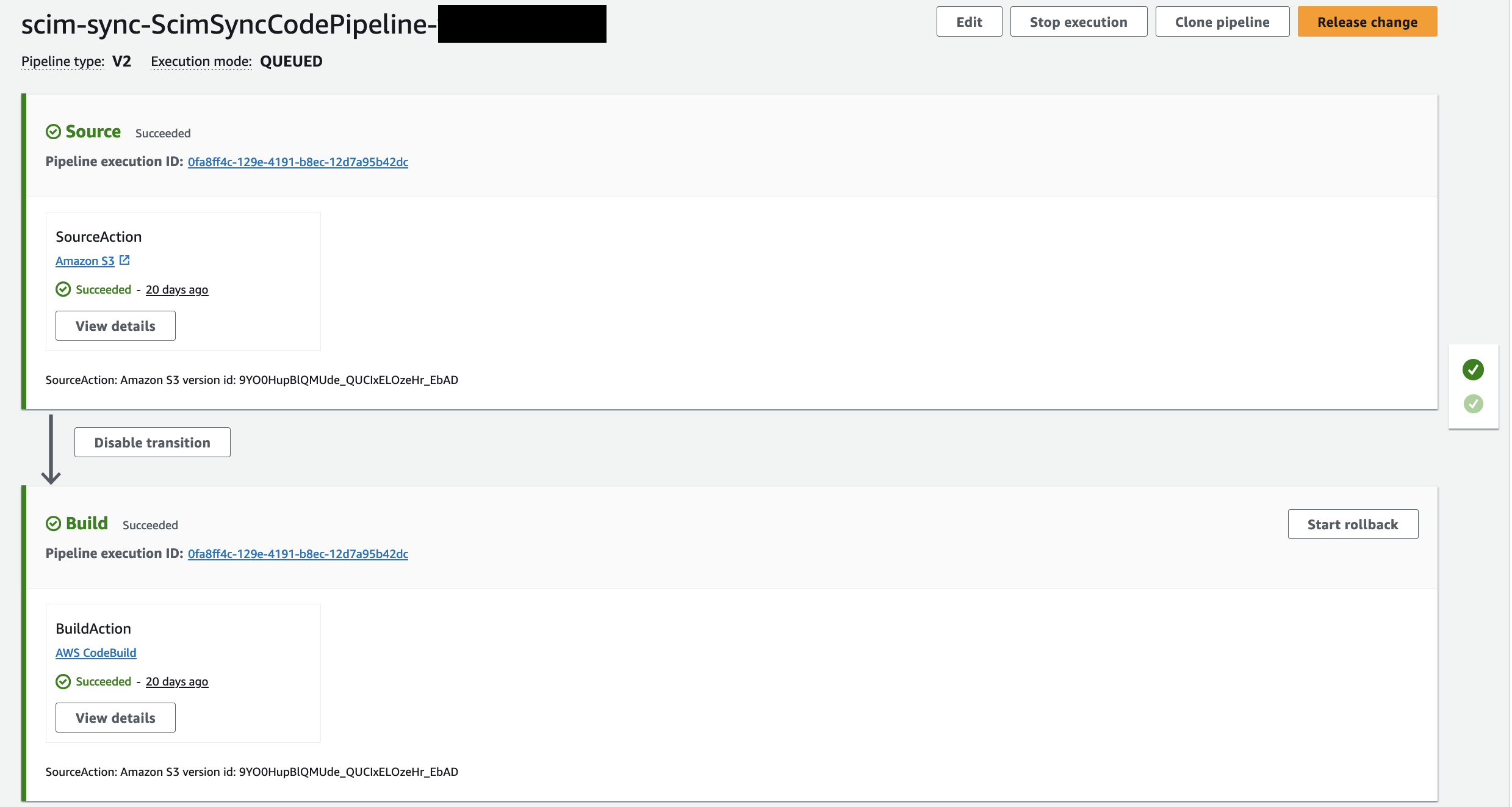 Screenshot of the pipeline with both stages succeeded